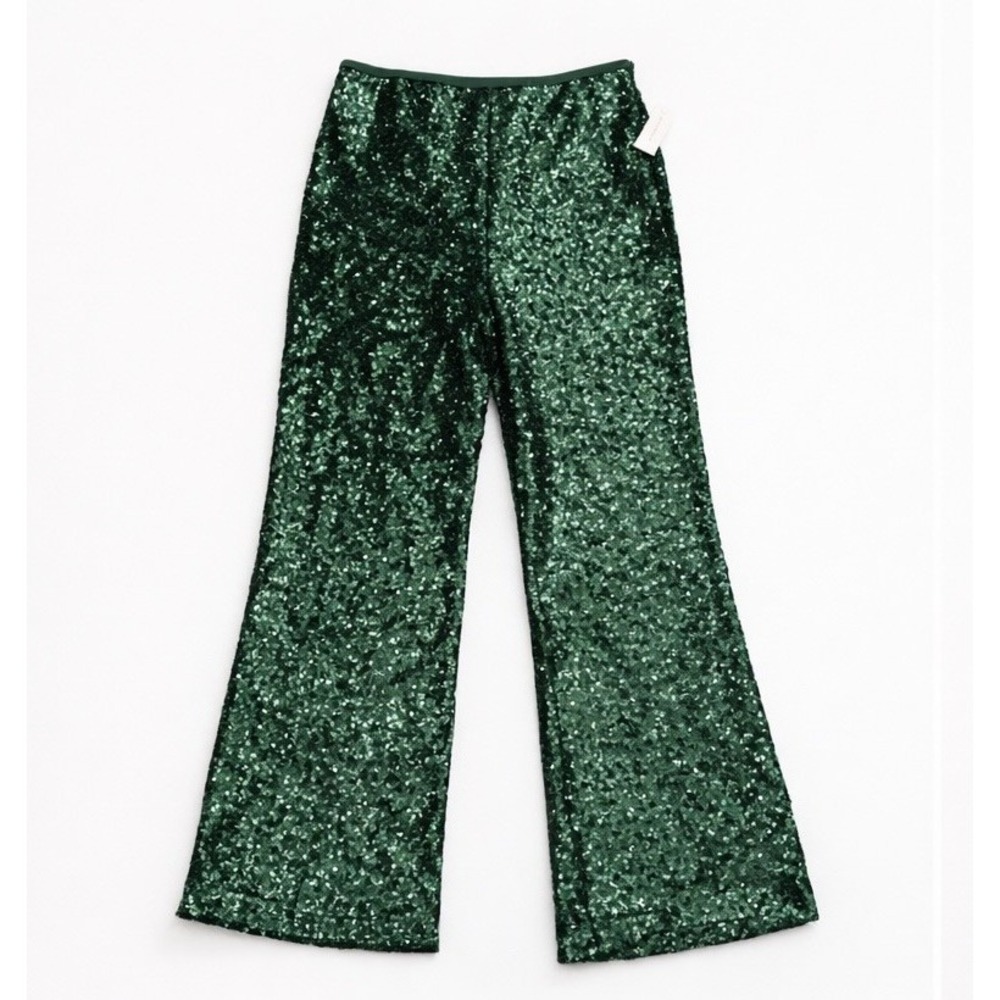 Anthropologie Emerald Green Sequin Wide-Leg Pants - Picture 4 of 8